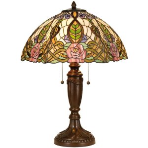 Настільна лампа LumiLamp 5LL-5370 Tiffany Ø 47x61 см зелено-рожеве скло троянда півколо