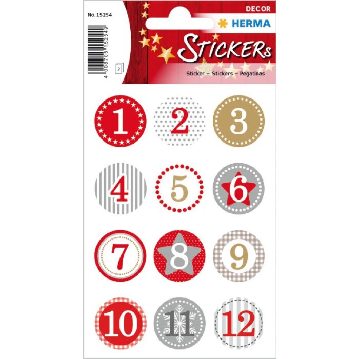 Herma DECOR Sticker Adventskalendersticker 1-24 Rot Ø 2 cm