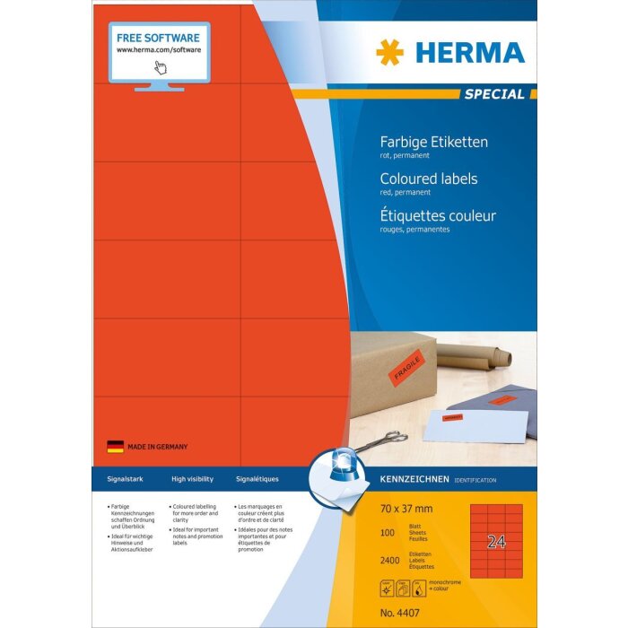 HERMA Etiketten A4 rot 70x37 mm Papier matt 2400 Stück