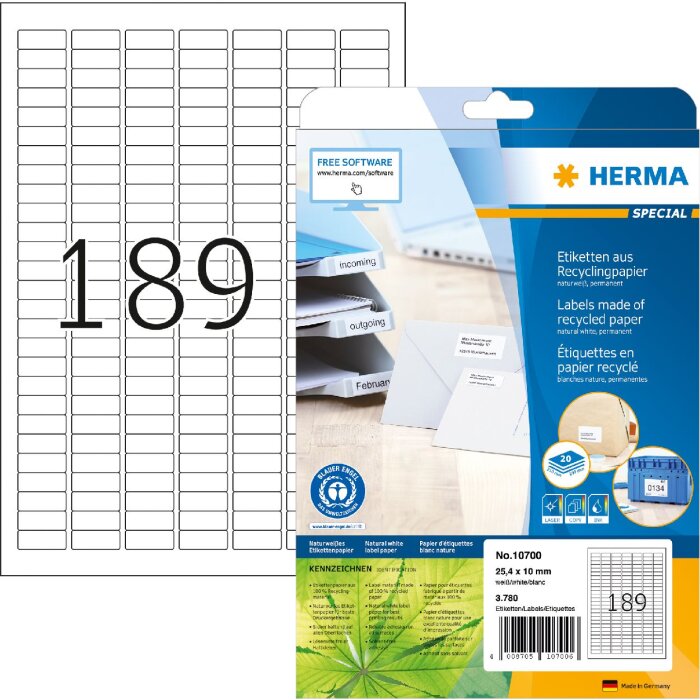 Етикетки HERMA 10700 перероблений папір А4 25,4x10мм білий перманентний