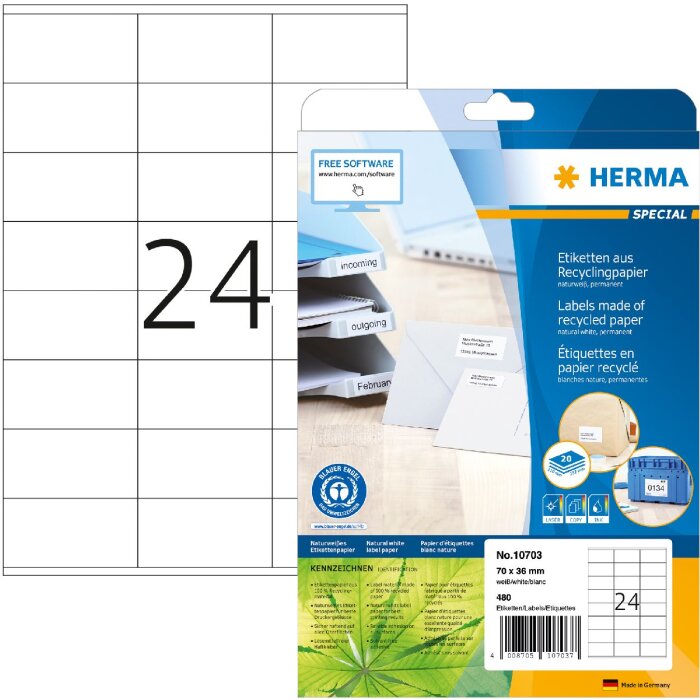 HERMA 10703 Этикетки из переработанной бумаги A4 70x36 мм белые постоянные