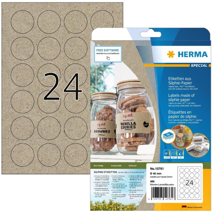 HERMA 10761 Етикетки Silphie папір А4 Ø 40 мм натуральний коричневий перманентний