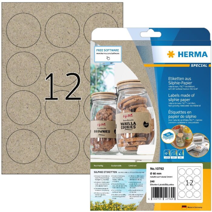 HERMA 10762 Етикетки Silphie папір Ø 60 мм натуральний коричневий перманентний А4