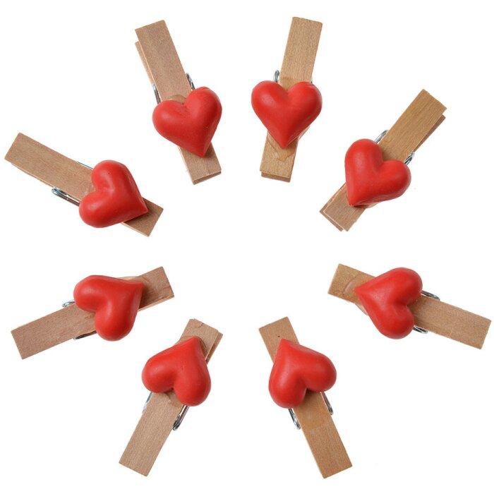 Clayre & Eef 65636 Зажим с сердцем набор из 8 красных коричневых деревянных 1x2x3 см