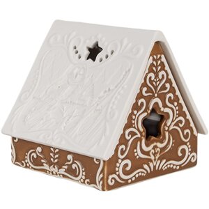 Clayre & Eef 6CE1744 Держатель для чайной лампы Дом фарфоровый коричневый белый 8x8x8 см