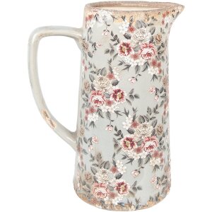 Clayre & Eef 6CE1971L Декоративный кувшин керамический серо-розовые цветы 21x14x26 см