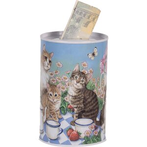 Clayre & Eef 6BL0167 Шкатулка для денег с изображением кошки Ø 8x13 см в стиле кантри