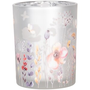 Clayre & Eef 6GL4982 Tealight Holder Set 2pcs Glass Grey Yellow Floral