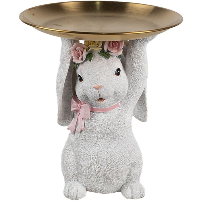 Clayre & Eef Украшение Кролик с миской Белое золото Ø 21 см Полирезин