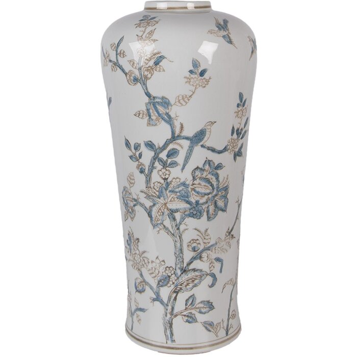 Елегантна керамічна ваза Clayre & Eef Ø 17x39 см з орнаментом птахів та квітів