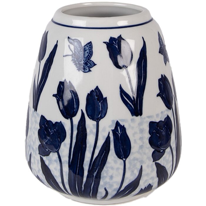 Керамічна ваза Clayre & Eef з тюльпанами, Ø 16×18 см, біло-блакитна, глянцева
