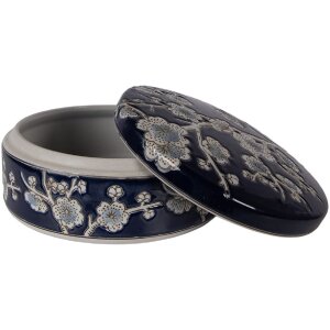 Керамічна скринька для кулонів з квітковим орнаментом, синьо-біла, Ø 18x8 см