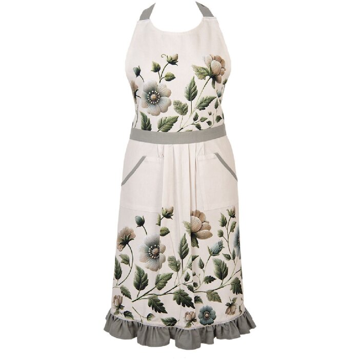 Кухонная накидка Clayre & Eef 70x85 см, бежевая с зеленым цветочным узором и кружевом