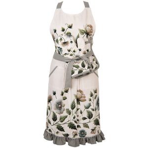 Кухонная накидка Clayre & Eef 70x85 см, бежевая с зеленым цветочным узором и кружевом